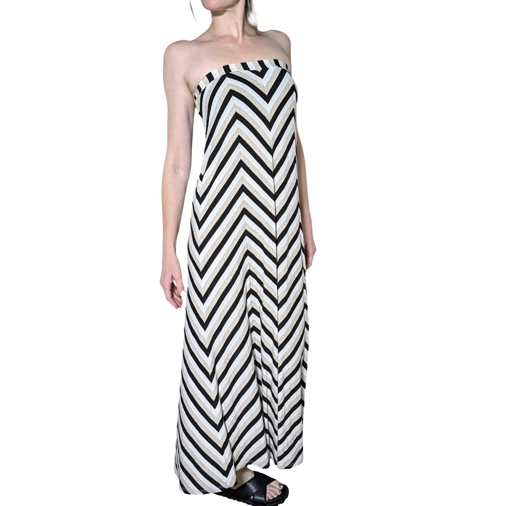 Bebe Chevron Maxi Dress Black White‎ Tan Striped Jersey Knit Boho Y2K Small